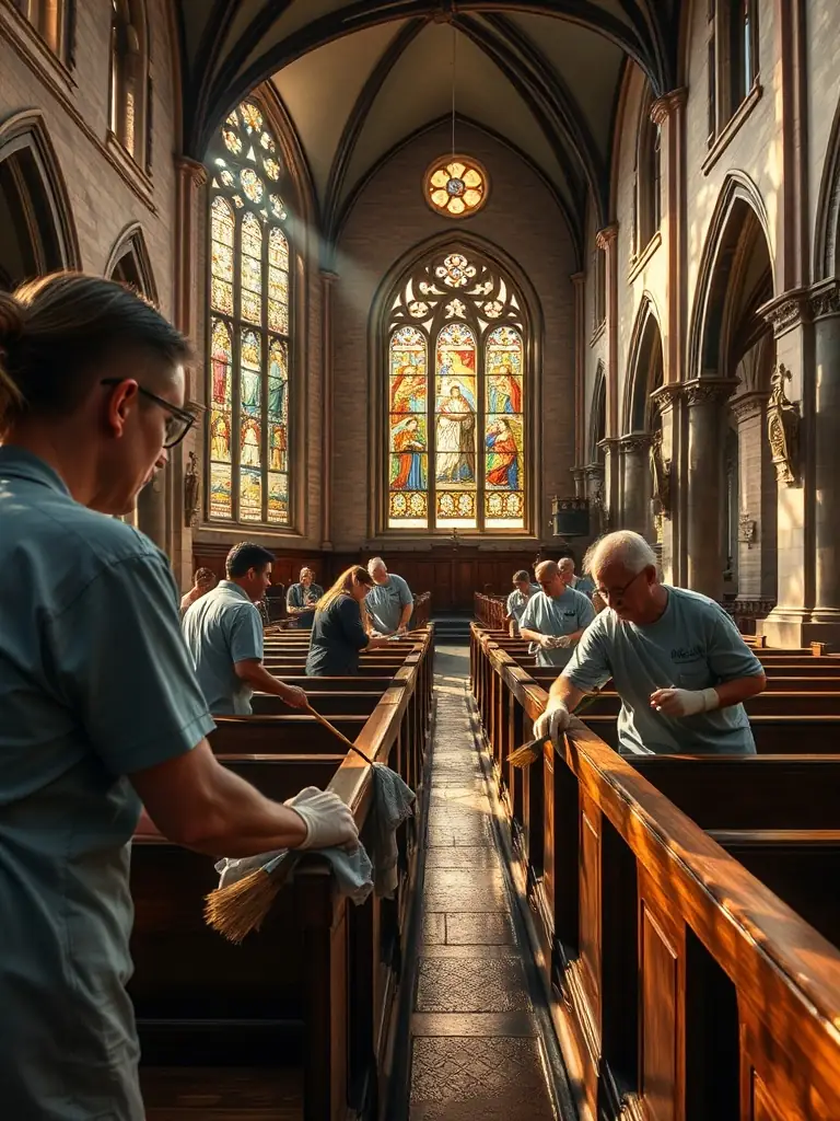 A photograph capturing volunteers cleaning and maintaining the interior of the Sainte Anastasie church, highlighting community involvement in preserving the heritage site.