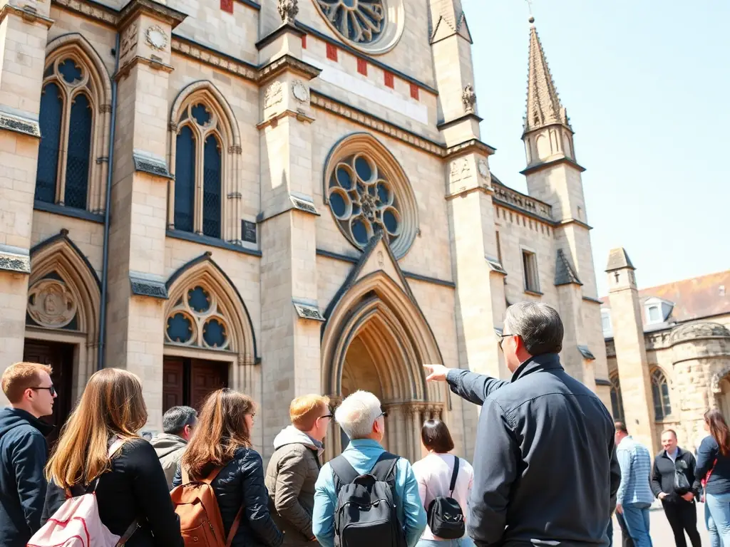 A photograph depicting a historical tour of the Sainte Anastasie church, with a guide explaining the church's history and architectural features to a group of visitors.