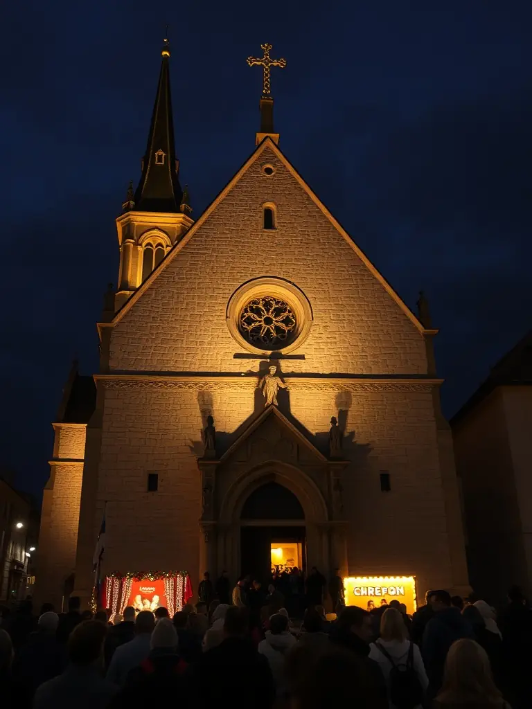 A wide shot of the Sainte Anastasie church illuminated at night during a community festival, with people gathered in the surrounding square enjoying the festivities.
