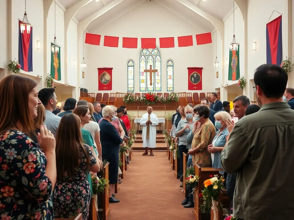 A photograph capturing a community event held at the Sainte Anastasie church, such as a concert or a cultural festival, showcasing the church's role as a gathering place for the local community.