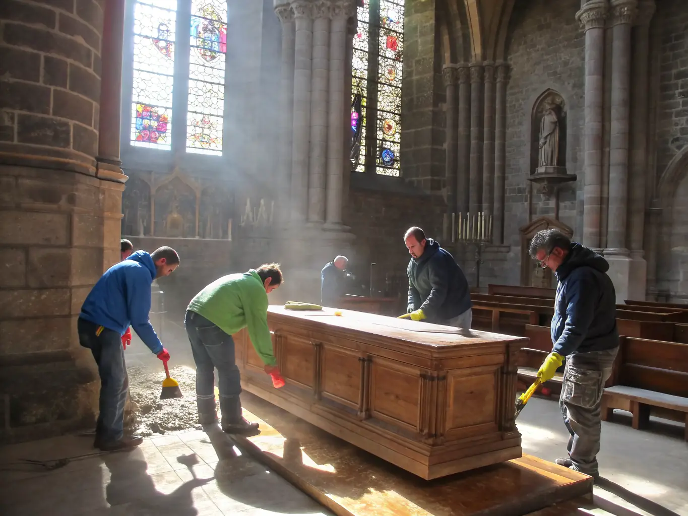 A photograph capturing volunteers working on the restoration of a stained glass window at the Sainte Anastasie church, showcasing the meticulous work and dedication involved in preserving the church's artistic heritage.