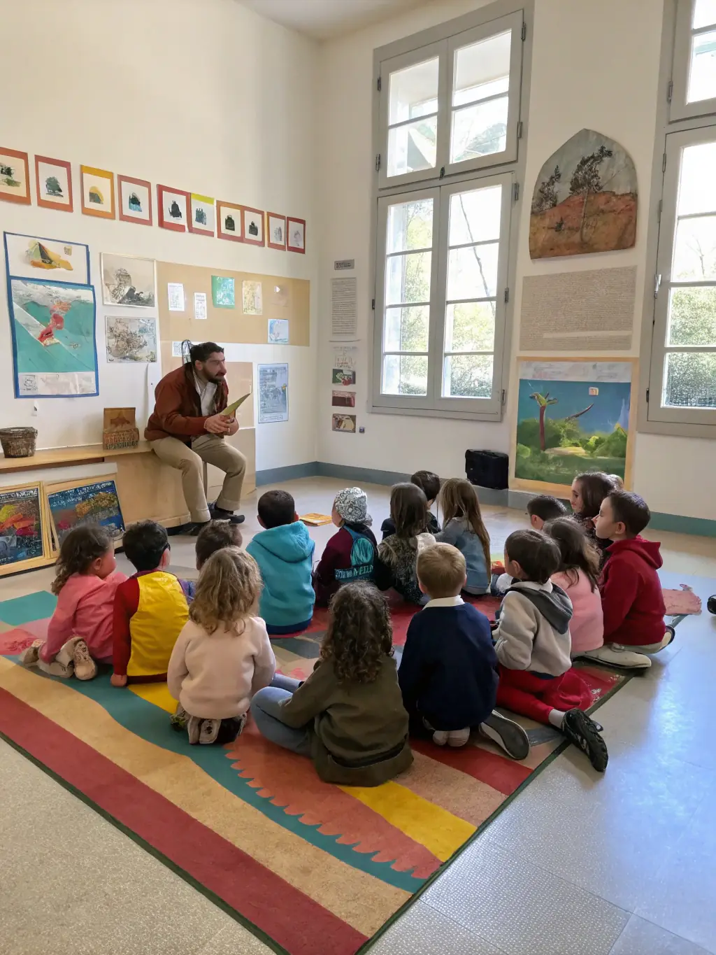 A group of children participating in an educational workshop focused on the history and architecture of the Sainte Anastasie church, led by a knowledgeable guide.