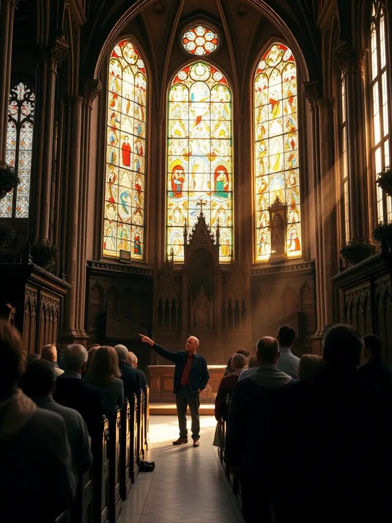 A photograph of a guided tour inside the Sainte Anastasie church, illustrating the organization's commitment to providing cultural access to the public.