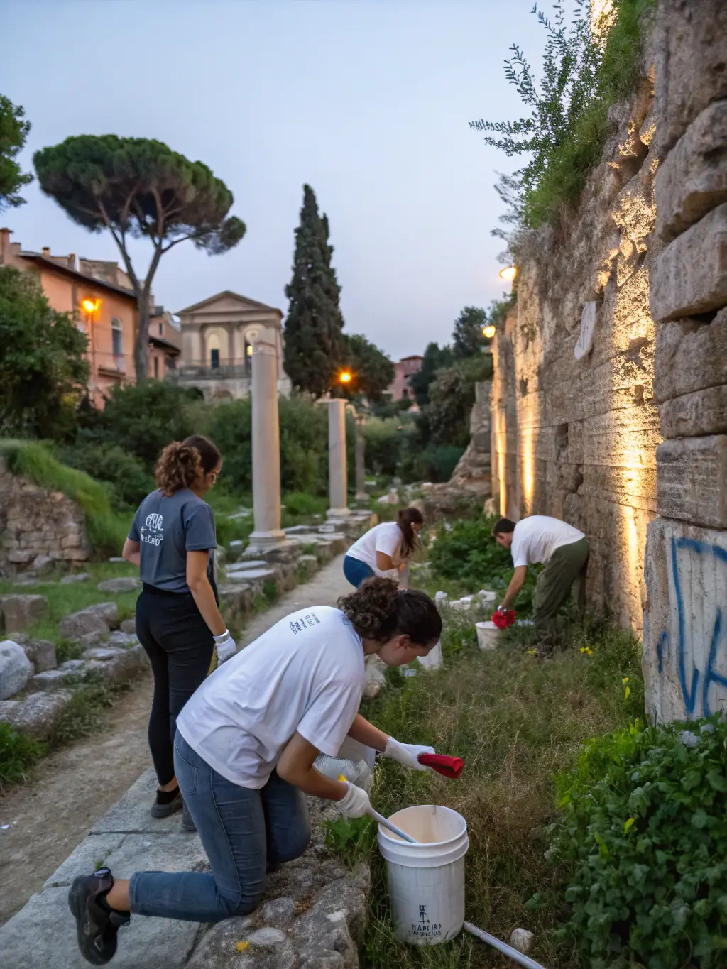 A photograph of volunteers working on restoring a fresco inside the Sainte Anastasie church, highlighting the delicate work and dedication involved. This represents the 'Art Restoration' collection.