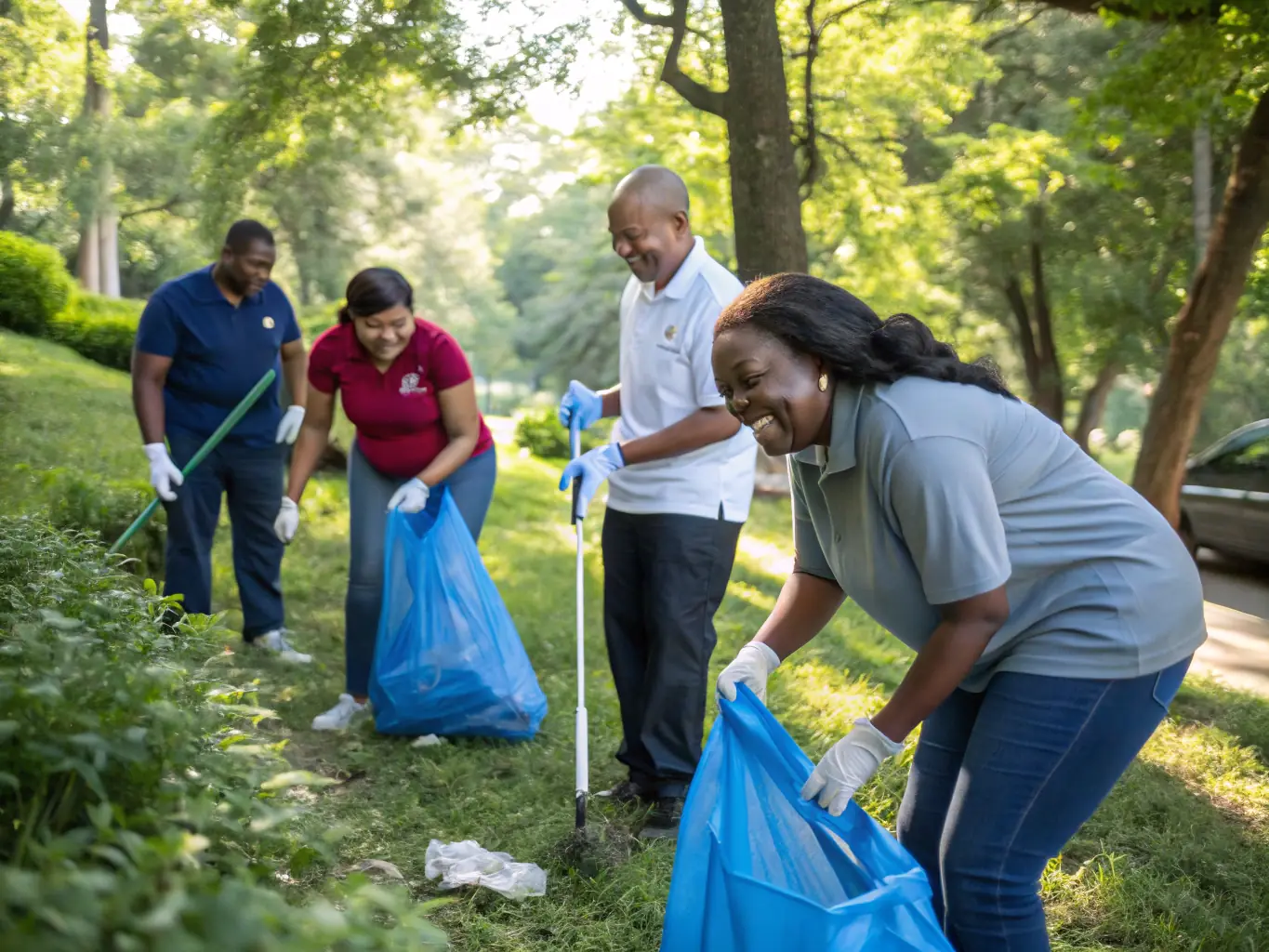 A photograph of volunteers working on a community project to clean and maintain the grounds surrounding the Sainte Anastasie church. The image should depict teamwork and community spirit.