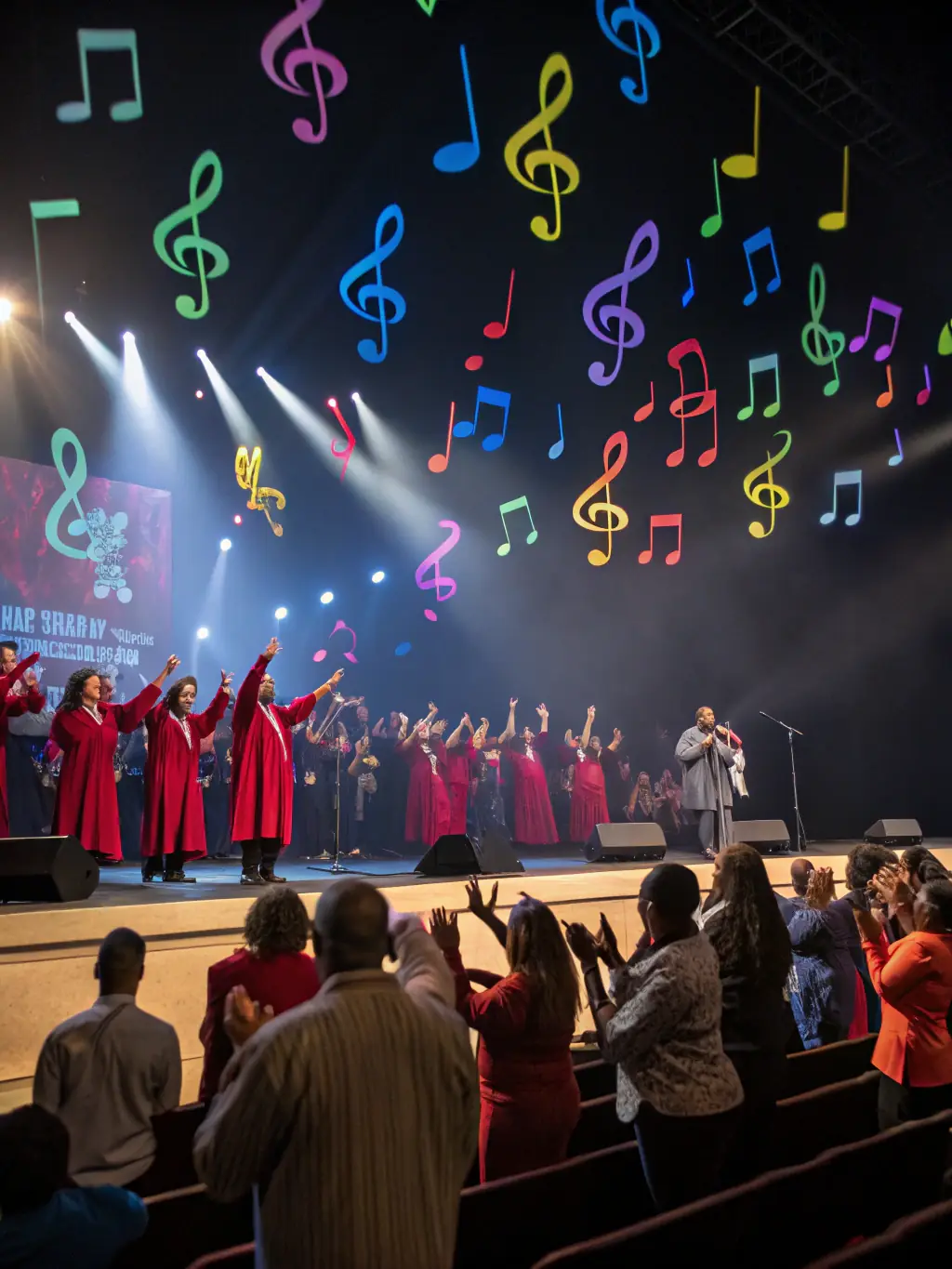 A vibrant photograph capturing a traditional music performance held inside the Sainte Anastasie church, showcasing local musicians and attendees enjoying the cultural event.
